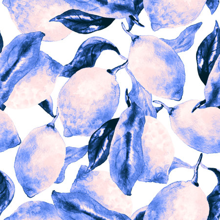 Botanical seamless pattern. Background with beautiful watercolor lemons. Natural hand drawn illustration. Texture for print, textile, cards, cosmetics, packing and tea.の写真素材