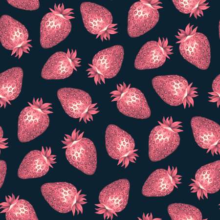Strawberry seamless pattern. Colorful vivid print with hand drawn berries. Repeated luxury design for packaging, cosmetic, menu, cafe, textile. Realistic detailed illustration.の写真素材