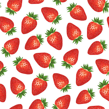 Strawberry seamless pattern. Colorful vivid print with hand drawn berries. Repeated luxury design for packaging, cosmetic, menu, cafe, textile. Realistic detailed illustration.の写真素材