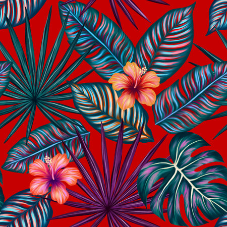 Tropical seamless pattern. Colorful vivid print with beautiful palm jungle leaves and flowes. Repeated luxury design for packaging, cosmetic, fashion, textile, wallpaper. Realistic high quality illustration.の写真素材