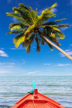 Small boat sea with coconut tree in Thailandの写真素材