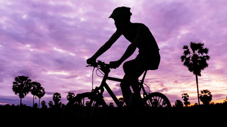 Cycling at mountain on twilight timeの写真素材