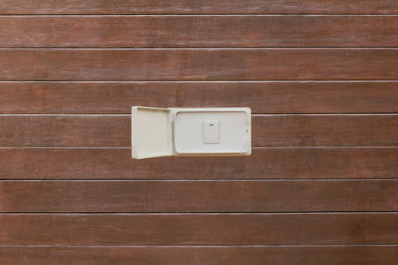 Electrical switch on wooden plateの写真素材