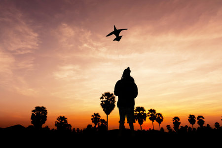 Boy play kite on twilight timeの写真素材