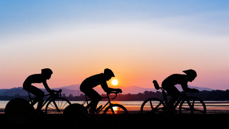 Cycling on twilight time at mountain beach viewの写真素材