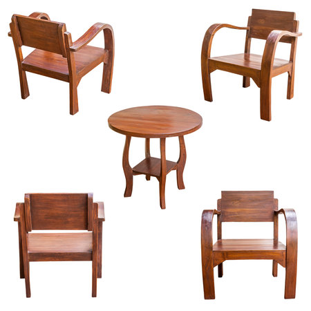Wooden table and chair isolate on white backgroundの写真素材