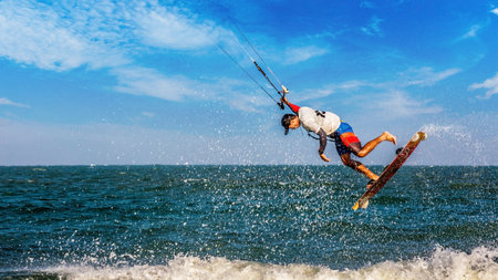 Kiteboarding water sport at clean beach in Thailand Asiaの写真素材