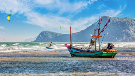 Kiteboarding water sport at clean beach in Thailand Asiaの写真素材