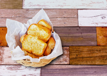 Garlic bread for breakfart on wooden table