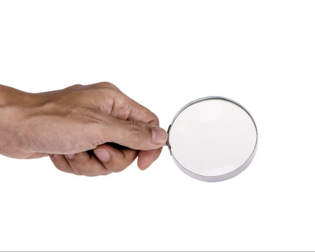 Magnifying glass with hand isolate on white backgroundの写真素材