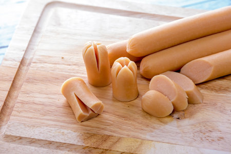 Pork sausage raw food on wooden plate