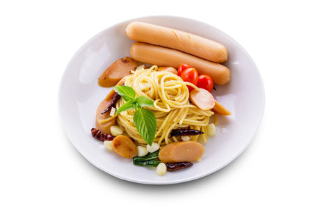Spaghetti with sausage spicy on whiteの写真素材