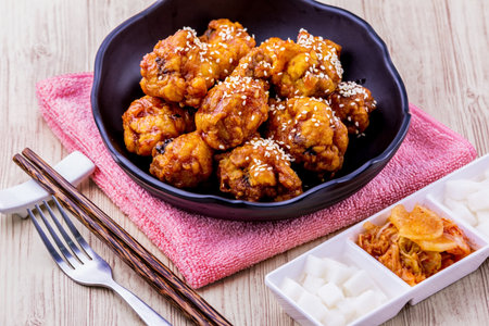 Fried chicken with kimchi Korea tasty food for lunchの写真素材