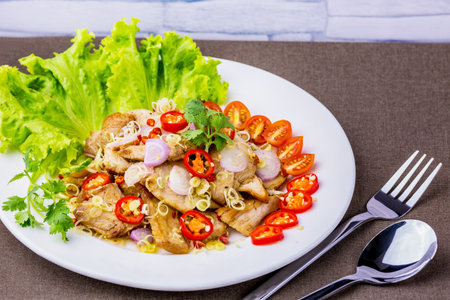 Grilled pork salad with lemon grass tasty food Thailand Asiaの写真素材