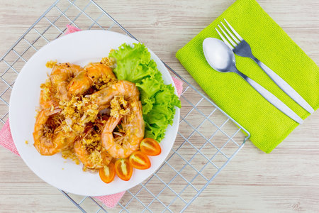 Fried shrimp with garlic tasty Thai foodの写真素材