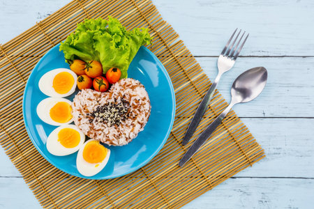 Boiled eggs with rice tasty food for breakfastの写真素材