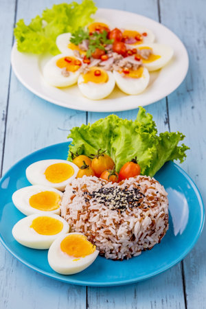 Boiled eggs with rice tasty food for breakfastの写真素材