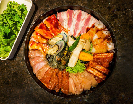 Meat and vegetable raw food for shabu tasty lunch from Asiaの写真素材