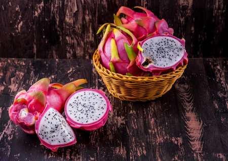 Dragon fruit from Thailand Asia on wooden backgroundの写真素材