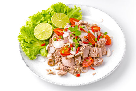 Tuna spicy salad tasty Thai food on white backgroundの写真素材
