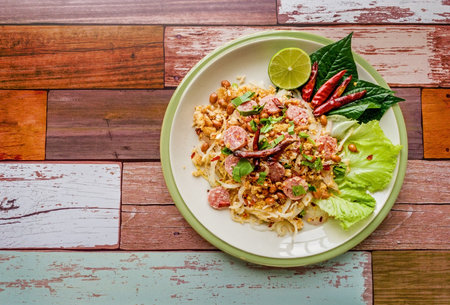 Rice balls and sour pork salad Thai street foodの写真素材