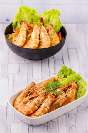 Baked shrimp with glass noodles tasty Thai street foodの写真素材