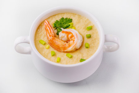 Steamed eggs with shrimp tasty asian cuisine on white backgroundの写真素材
