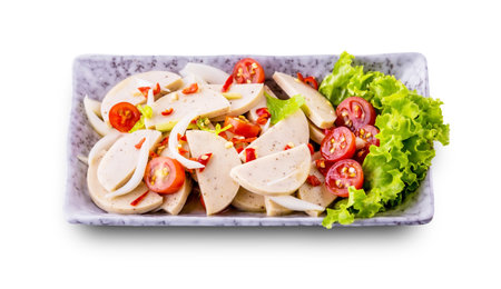 Spicy Vietnamese sausage salad tasty street food on white background with clipping pathの写真素材