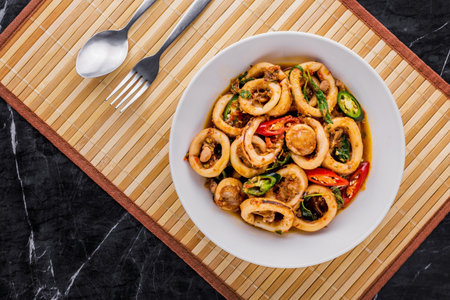 Spicy fried squid with basil leaves on dark marble backgroundの写真素材