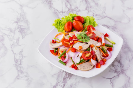 Spicy Vietnamese sausage salad tasty street food on marble backgroundの写真素材