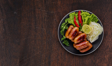 Thai sausage favorite street food on dark wooden backgroundの写真素材