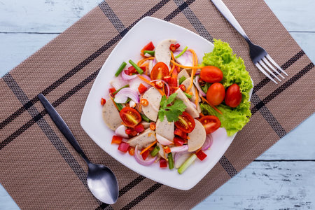 Spicy Vietnamese sausage salad tasty street food on blue wooden backgroundの写真素材