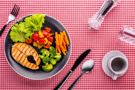 Salmon steak tasty food on table backgroundの写真素材
