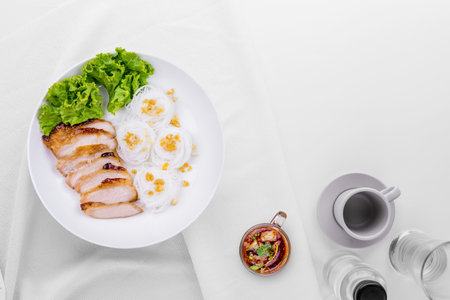 Vietnamese grilled pork with vermicelli on white backgroundの写真素材