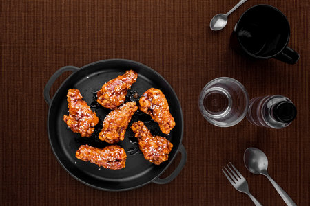 Korean fried chicken favorite food on brown backgroundの写真素材