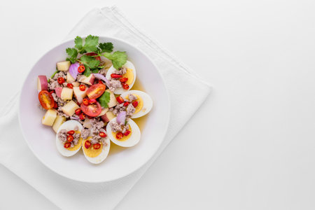 Spicy apple salad with pork and egg on white backgroundの写真素材