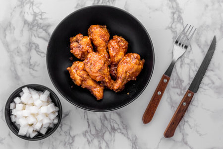 Korean fried chicken favorite food on marble backgroundの写真素材