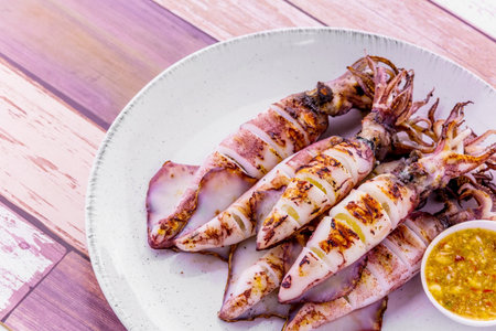 Grilled squid favorite seafood on wooden table background