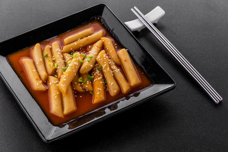 Tteokbokki Korean hot and spicy rice cake on dark backgroundの写真素材