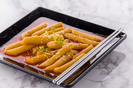 Tteokbokki Korean hot and spicy rice cake on marble backgroundの写真素材