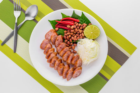 Thai sausage favorite street food on white table backgroundの写真素材