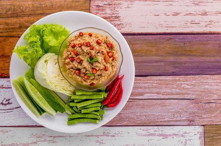 Thai spicy Tuna dipping sauce clean food on wooden backgroundの写真素材