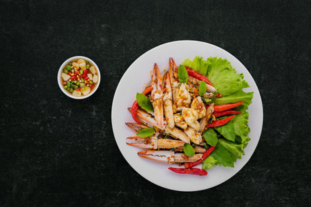 Crab meat fried basil on dark stone backgroundの写真素材