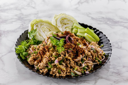 Spicy minced pork salad isolated on marble backgroundの写真素材