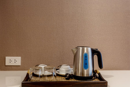 Electric boil and coffee cup in bedroom at hotel resort in Thailand Asiaの写真素材
