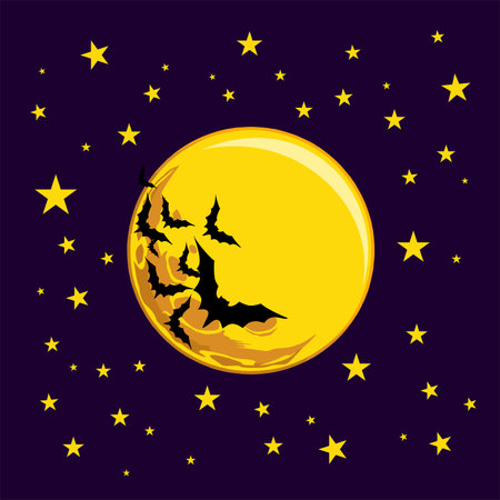 a flying flock of bats, a yellow big moon in the background, yellow starsのイラスト素材