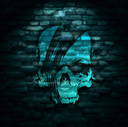 vector illustration of a human skull, situated in the middle of a claw, set on a black stone wallの写真素材