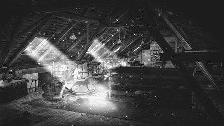 an illustration black and white of a fairy-tale attic, rays of light penetrating from the windows,...