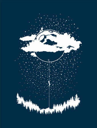 The vector illustration, man climbing a moon to a woman.のイラスト素材