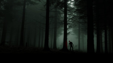 single zombie with red shining eyes in green forest, green toned photoの写真素材